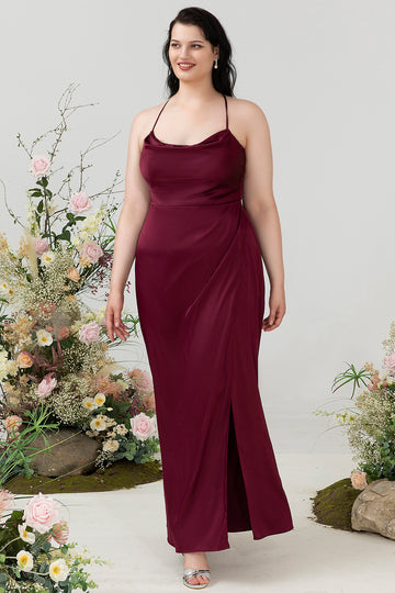 Vinröd Satin Slida Grimma Plus Size Brudtärna Klänning Med Slits
